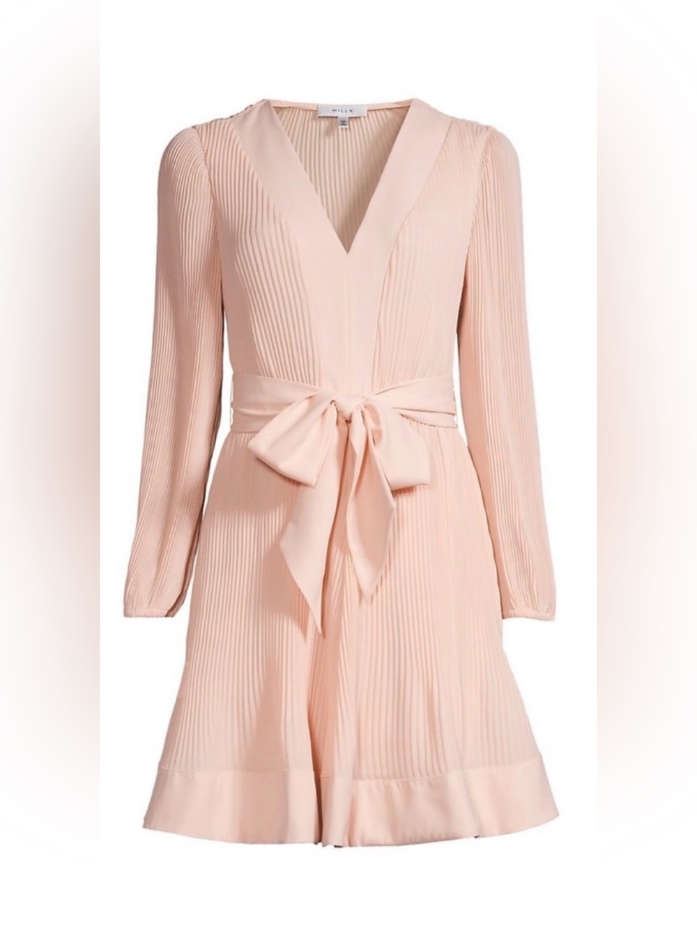 Milly Blush Pink Pleated Long-Sleeve Tie-Waist Dress